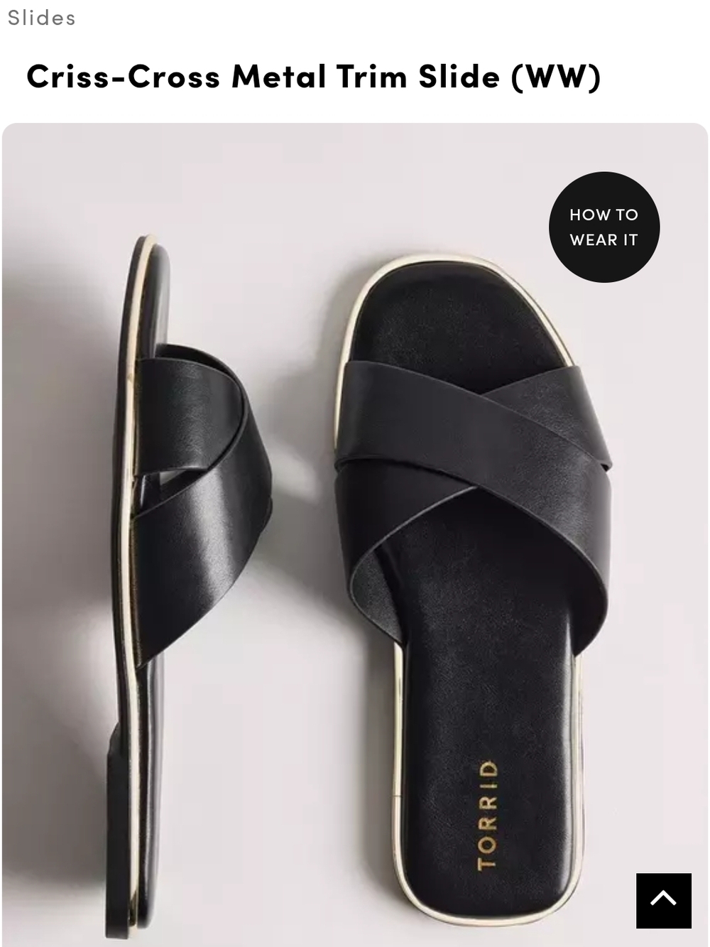 Torrid Black Criss-Cross Slide with Gold Trim Size 13 NWT